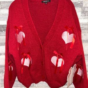 Womens Valentines Forever 21 Red Cardigan Sweater with Heart Accents